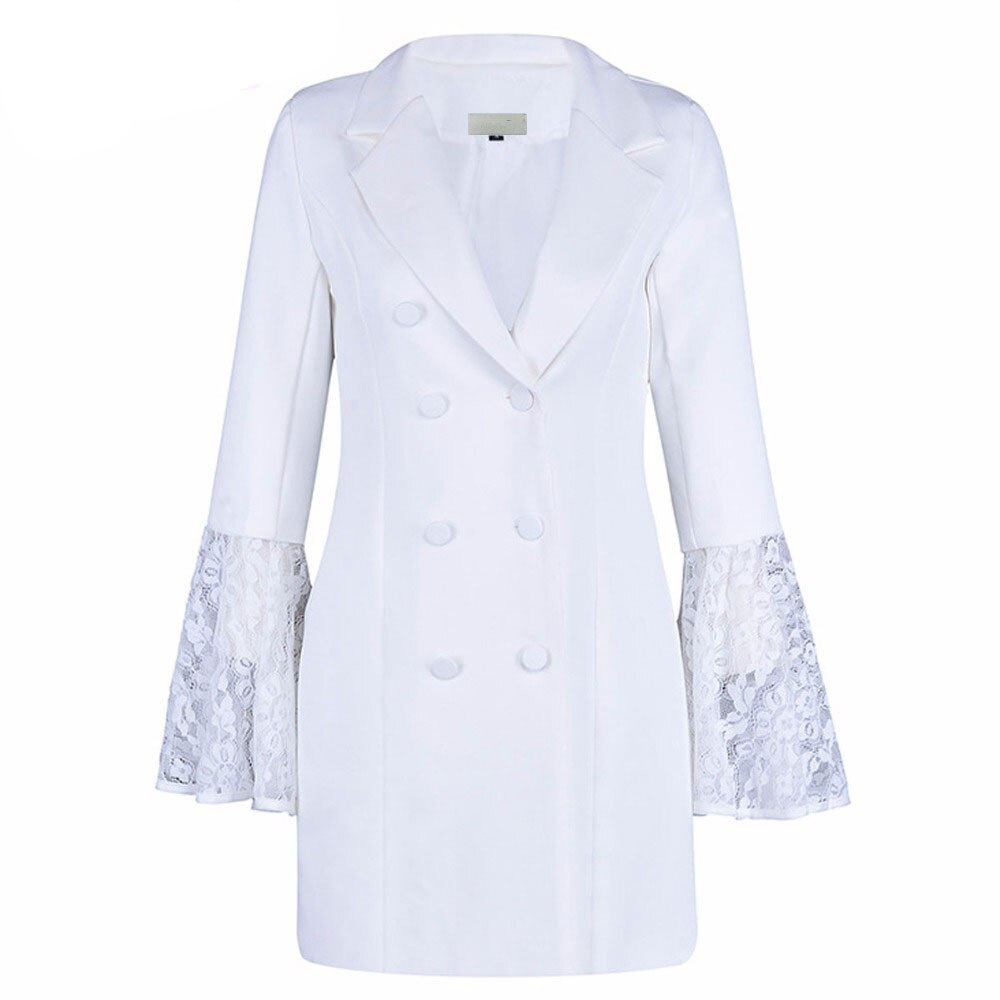 Traje de chaqueta larga a la , vestido de mujer para de negocios, vestido de encaje con manga de volantes, trajes de trabajo ajustados de talla grande,: Blanco / XXL