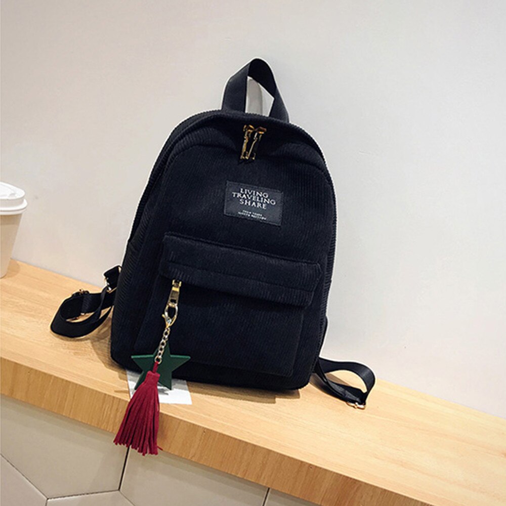 High Student Women's Canvas Tassel School Bags Travel Backpack Bag Solid Backpack School Bags For Teenage College Large #S11: black