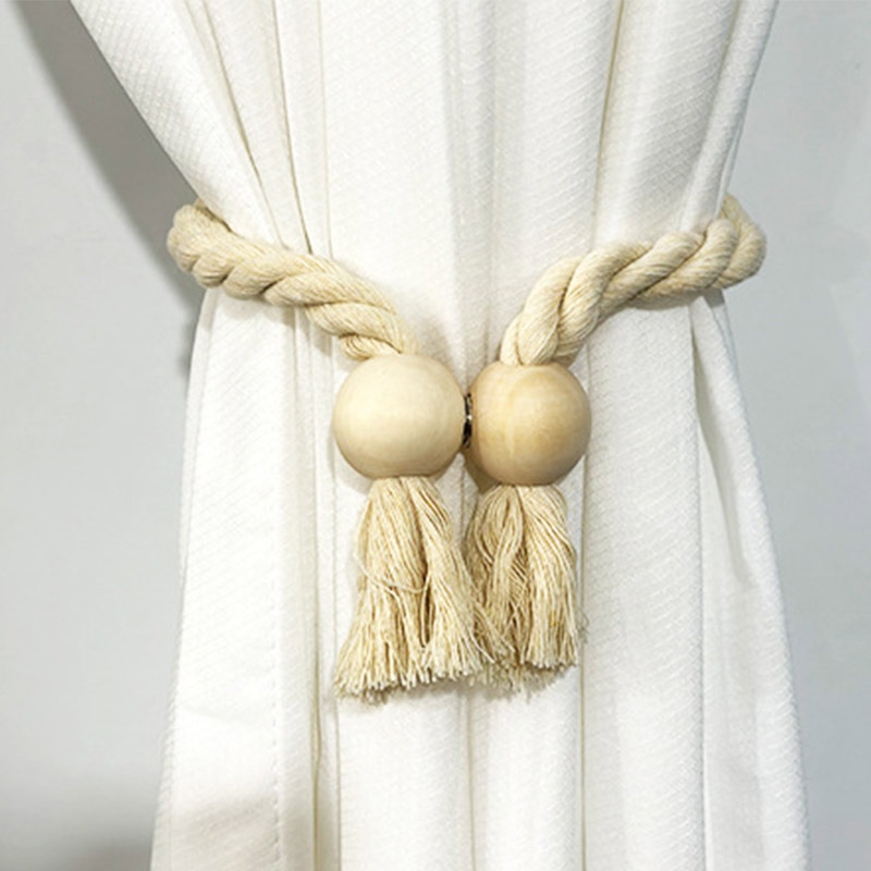 Cortinas Magnéticas de estilo bohemio para decoración del hogar, accesorios tejidos a mano de madera maciza para habitación, soporte con Clip, 2 piezas