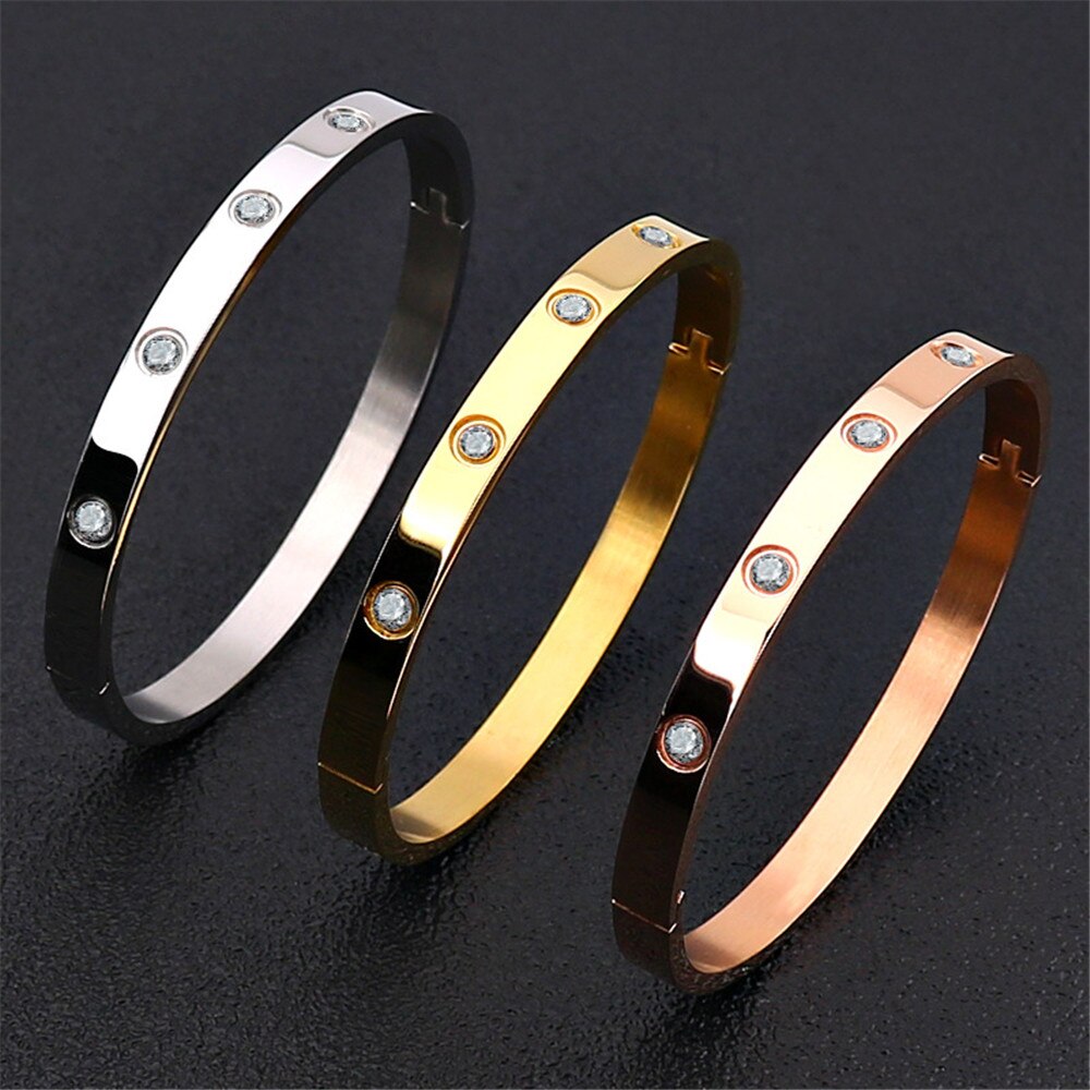 Pulseiras de design oval luxo aço inoxidável abertura rosa ouro zircão pedra amor pulseira pulseira feminino jóias menina acessórios