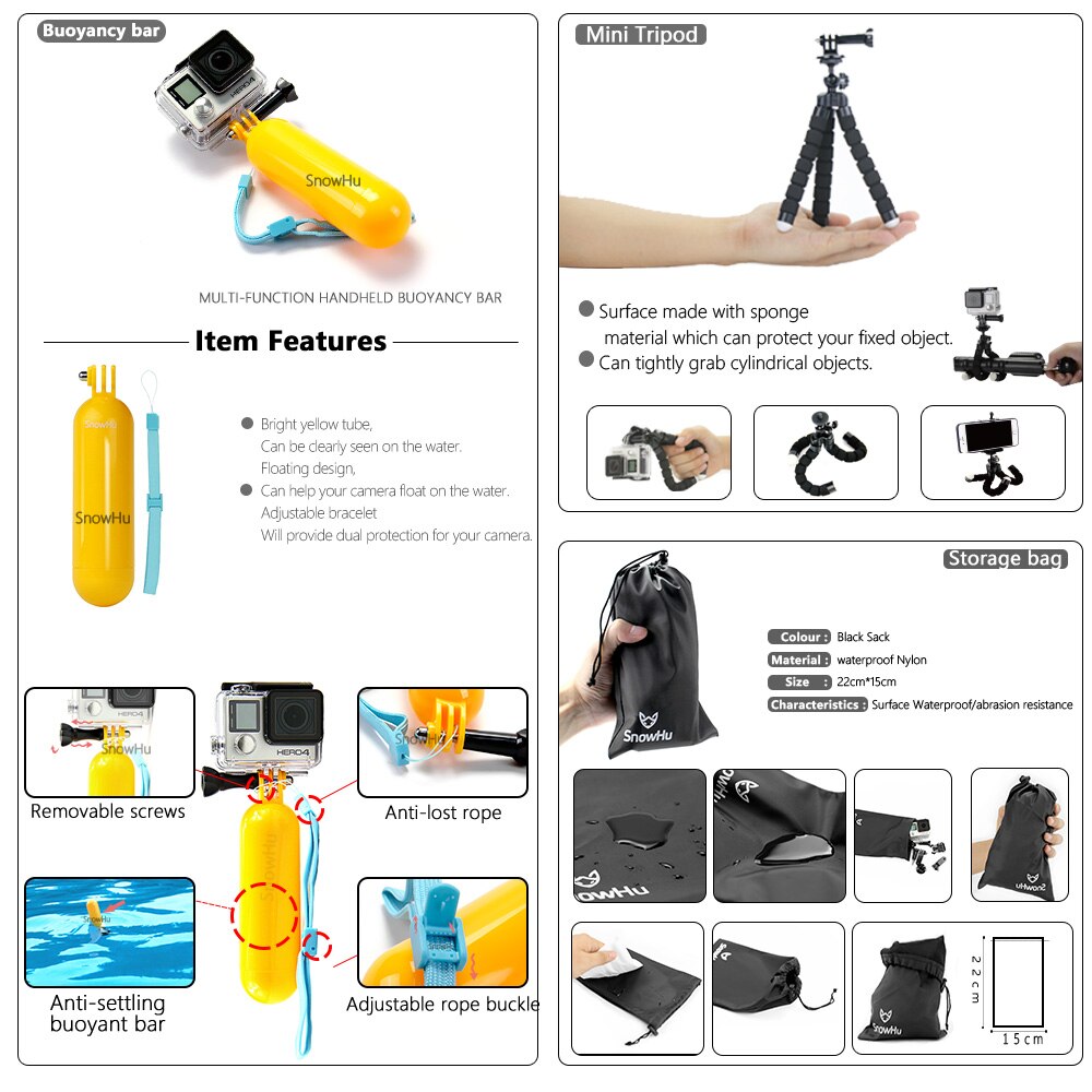 Snowhu för gopro tillbehör set för gopro hero 7 6 5 vattentätt fodral skydd ram monopod för go pro hero 7 6 5 gs73