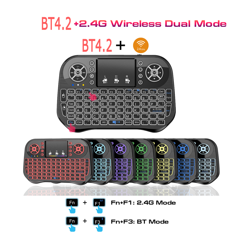 Trådløst bluetooth mini-tastatur 2.4g dobbelttilstand baggrundsbelyst engelsk russisk fransk spansk portugal til android tv-boks pc-projektor