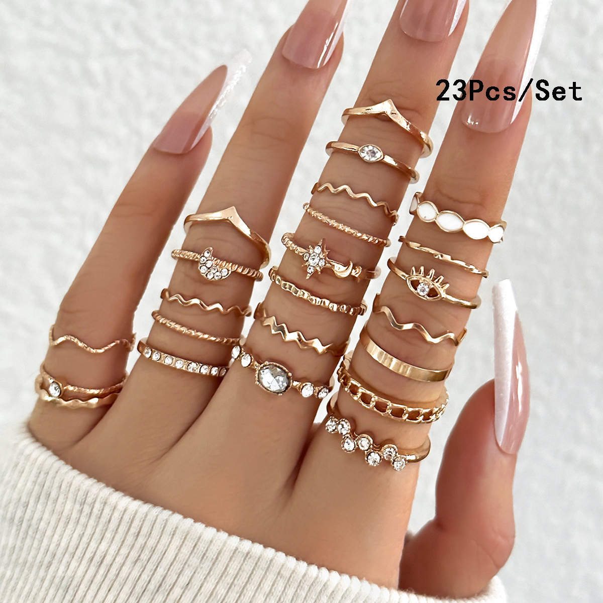 23 Uds. Conjunto de anillos para nudillos a la para mujer, estrella de cristal, Luna, ola de ojo, anillos de Color dorado y plateado, de joyas de a la para mujer: Negro