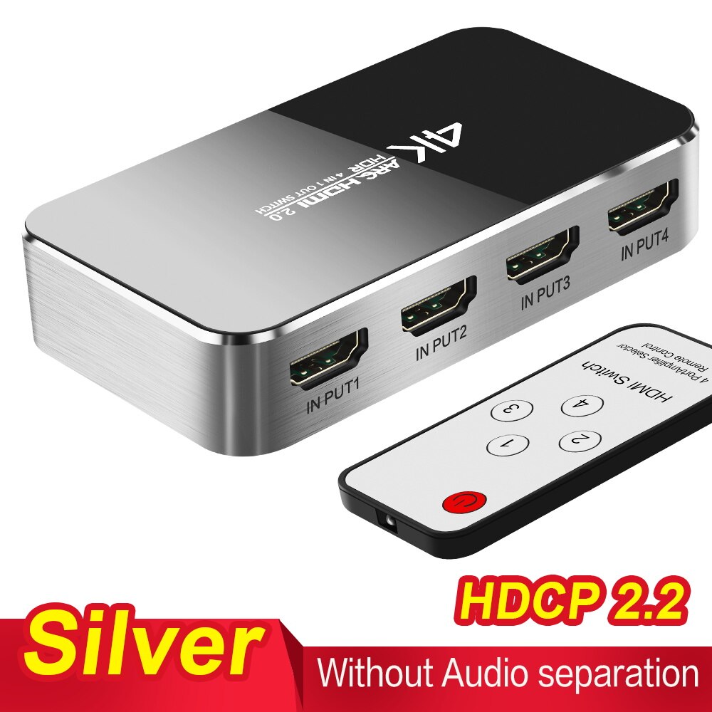 Hdmi Switch 2.0 4K 60Hz Hdr Hdmi Splitter Schakelaar 4 In 1 Out Hdmi Switcher Audio Extractor Arc & Ir Control Voor PS3 PS4 Hdtv: Without audio-Silver