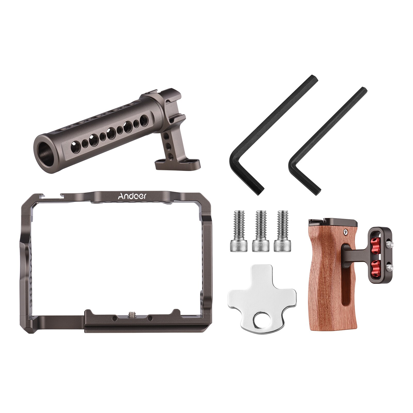 Andoer Kit gabbia per fotocamera in lega di alluminio con Video Rig maniglia superiore sostituzione impugnatura in legno per Sony A7R III/ A7 II/ A7III