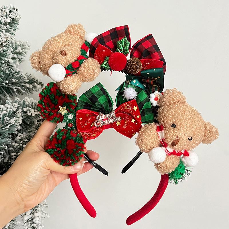 Opaska świąteczna z kokardkami w kształcie misia, opaska do włosów na Boże Narodzenie 2025, pluszowa opaska z kreskówkowym zwierzęciem, prezenty na Nowy Rok dla dziewczynek