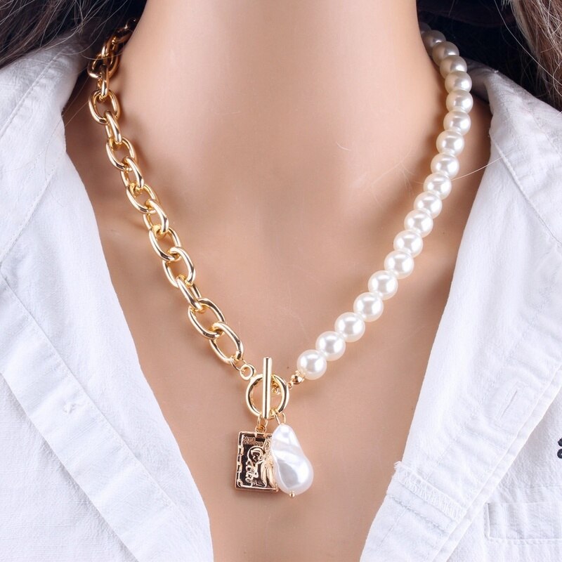 Women punk 2 Layers Pearls Pendants Necklaces Metal Snake Chain Necklace Jewelry