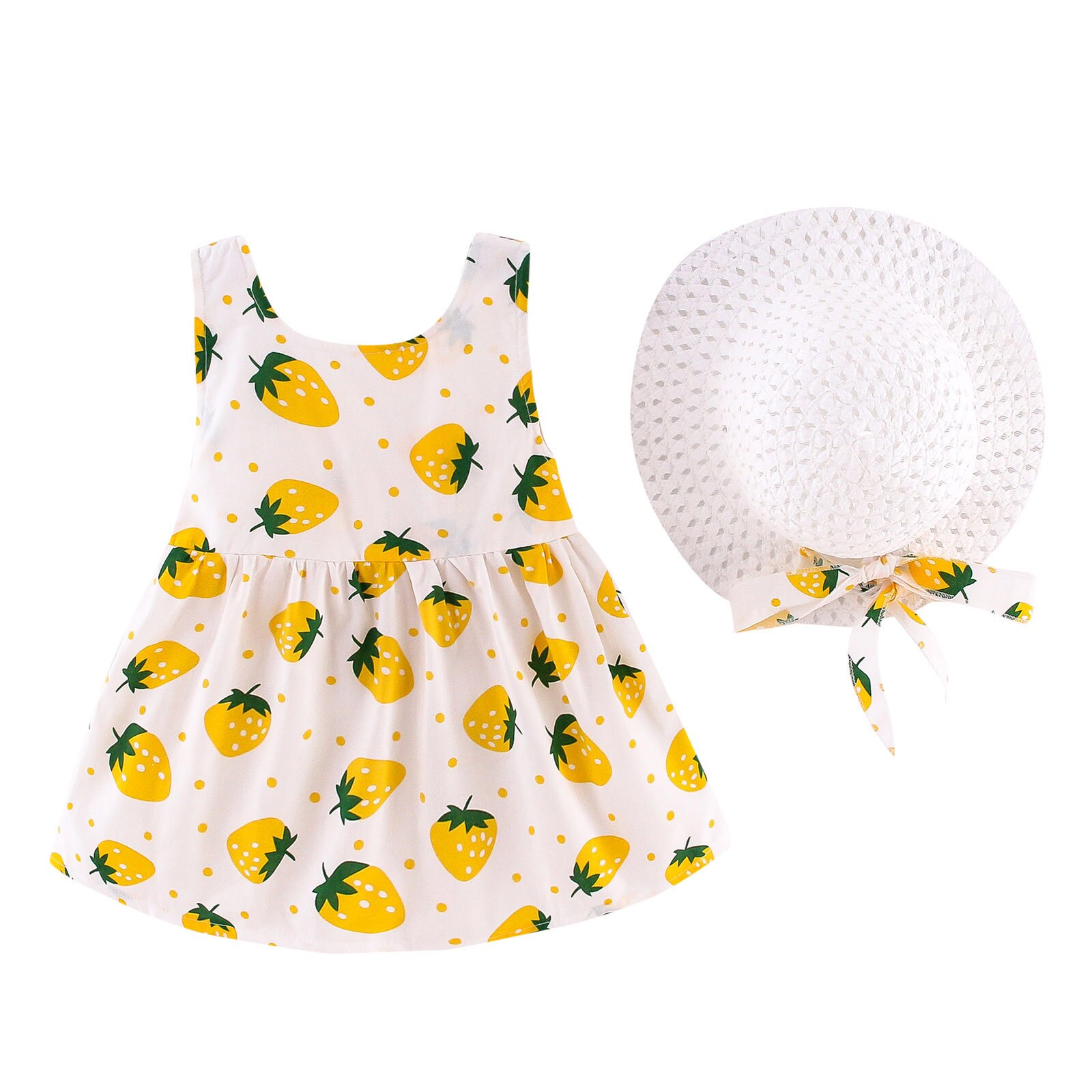 Robe d'été pour -né, vêtements pour filles, tenue de fête, sans manches, motif fraise, avec nœud de plage, princesse, chapeau: YELLOW / 4-5 Years