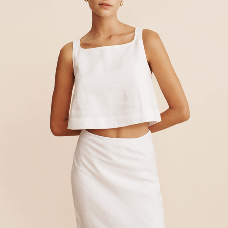 100%  ærmeløse crop tops med firkantet hals i linned til kvinder, elegant temperament, afslappet, løs, dame, sommer, korte seler, toppe: M / Beige