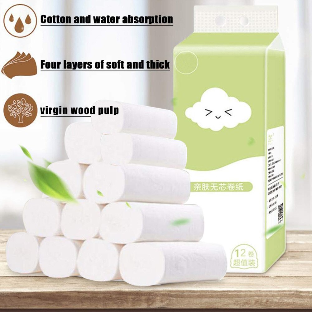 12 Roll Disposable Toilet Paper Roll Soft Printed Bathroom Tissue Coreless White 4-Ply Paper Towels WH998
