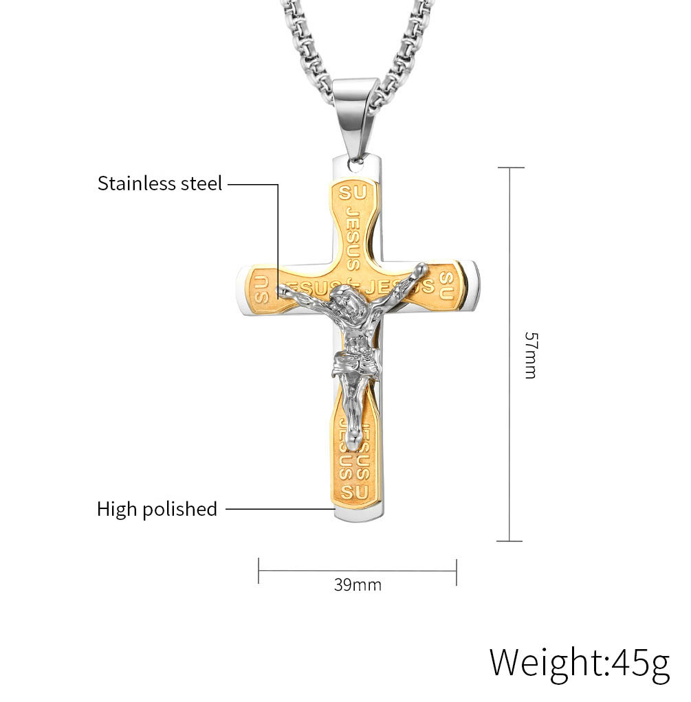 JESUS Multi-Layer Cross Pendant Necklaces Christian Stainless Steel Payer Necklace for Men Him Male Jewelry
