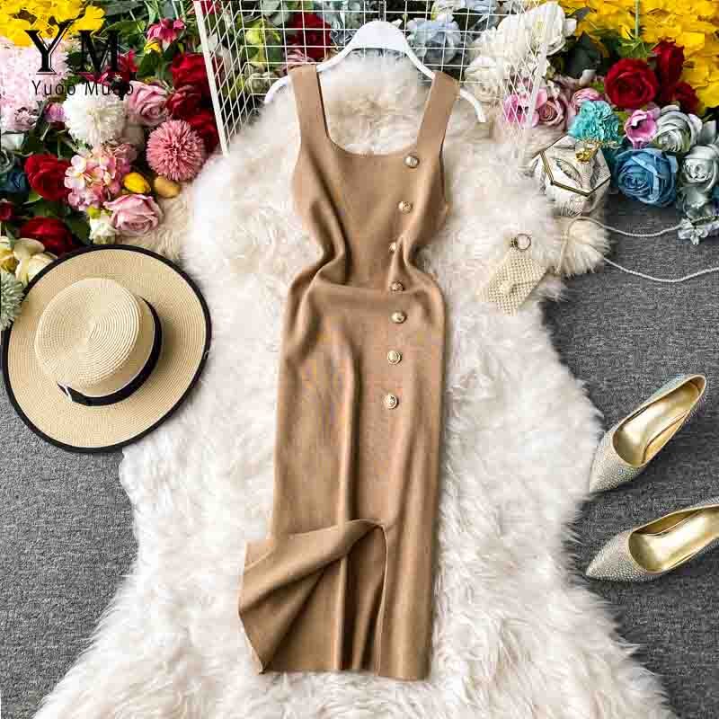 Yuoomuoo ins kvinder sommer strikkjole sommerknapper split bodycon kjole slank dame kontorkjole: Khaki