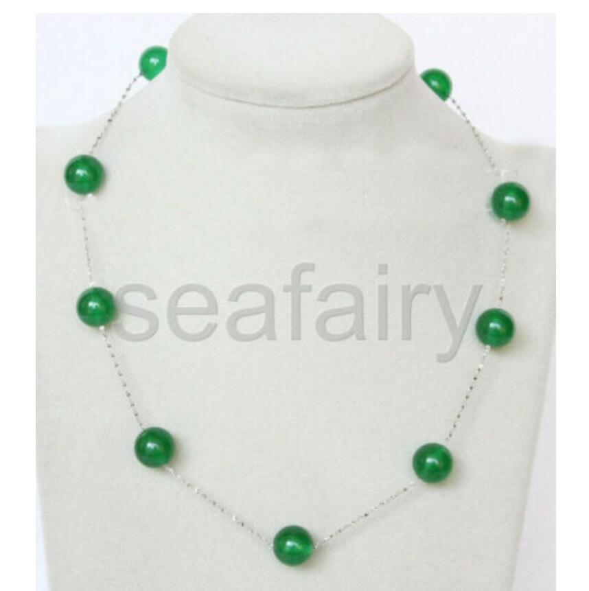 Echte 10mm zilveren ronde groene jade ketting 17 "