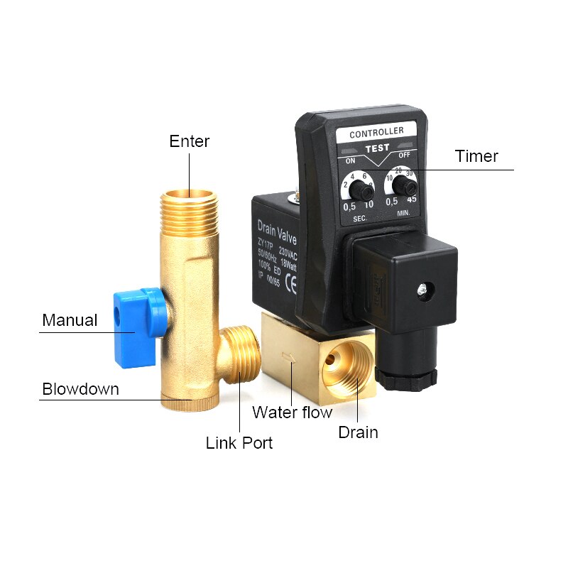 Ac 220v 1/2 "tommer elektrisk timer automatisk vandventil elektronisk afløbs magnetventil til luftkompressor kondensat