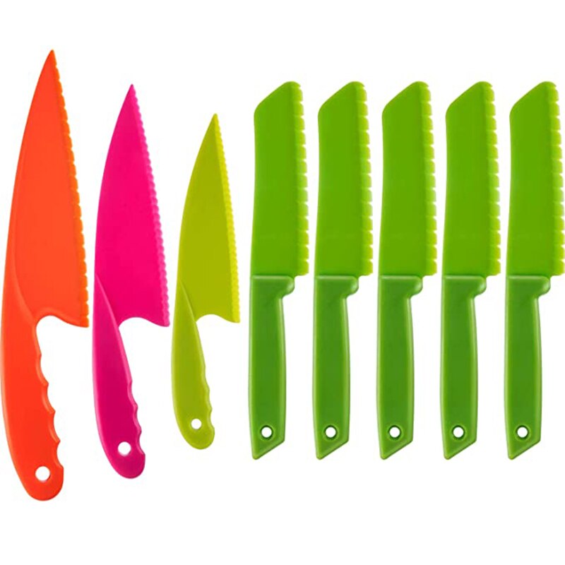 8 stycken barn plast kökskniv set barnsäker matlagning kock nylon knivar för frukt bröd tårta sallad salladskniv: 1