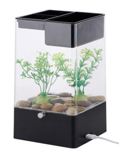 Aquarium van kunststof met planten, accessoires voor op het bureau, decoratie voor het aquarium: Zwart
