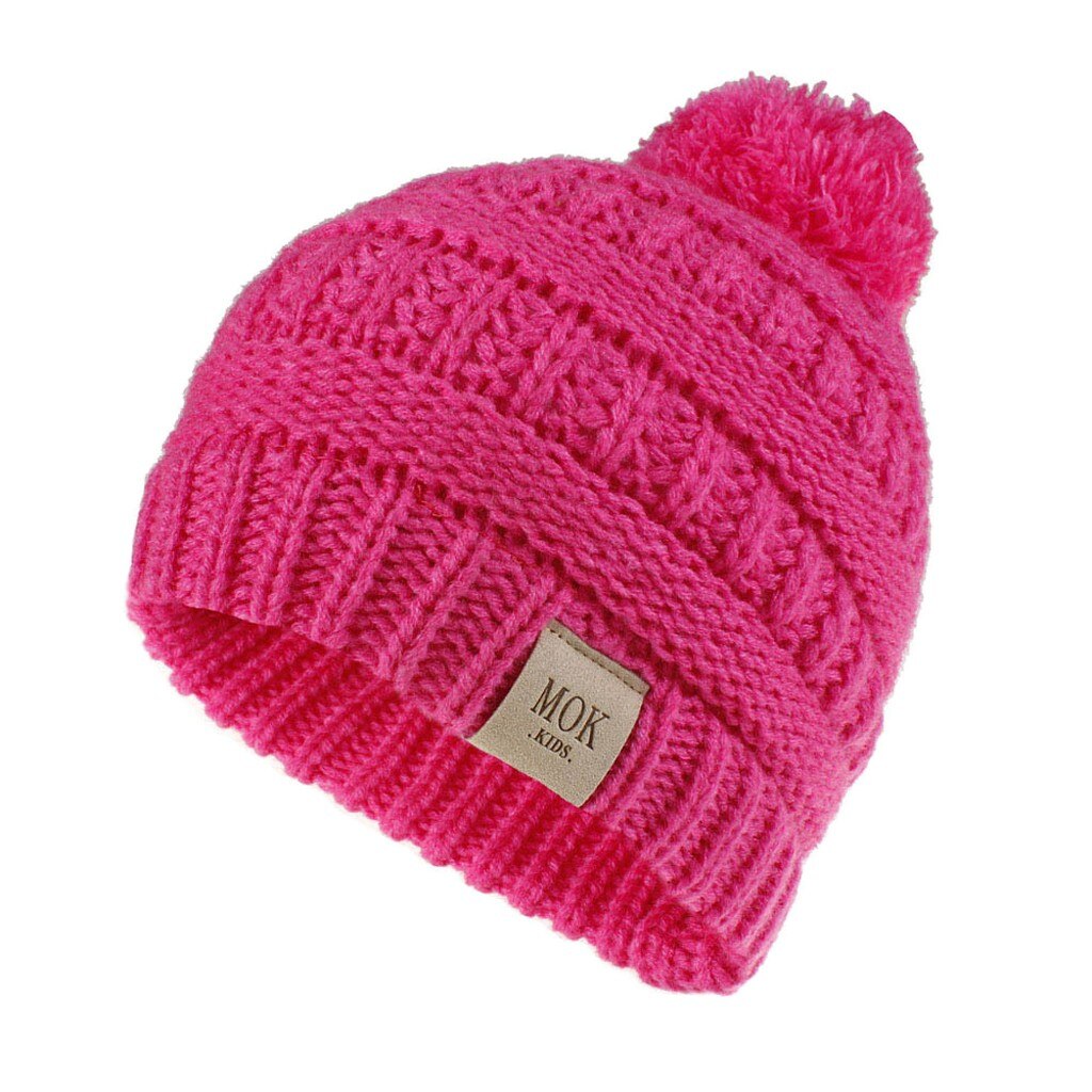 Hat Caps Girls Boys Child Hat Keep Warm Winter knitting Cotton Casual Novelty Knitted Hat Wool Hairball Ski Simple Cute Hat: Hot Pink