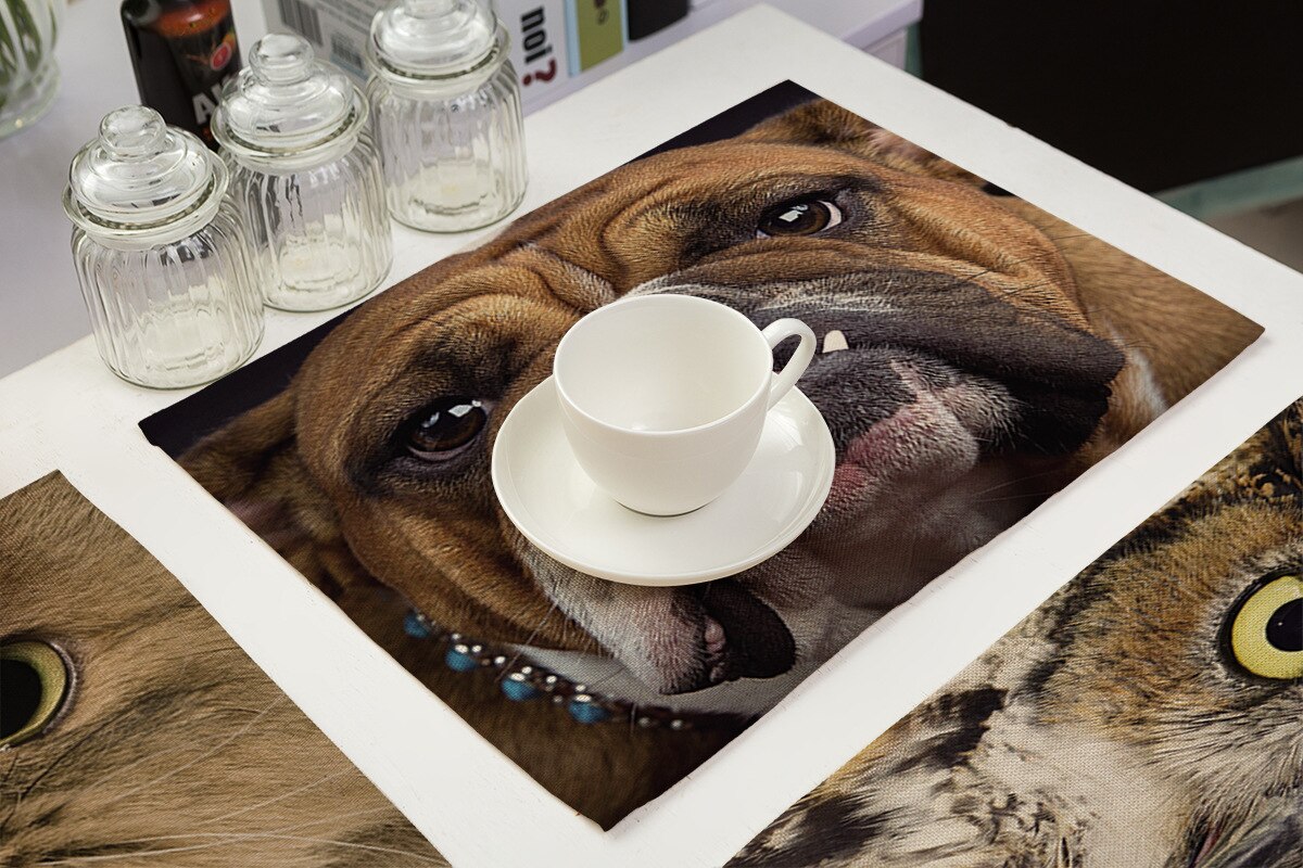 Cotton Linen Art Food Placemat for Dining Table Animal Face 3D Printing Kitchen Accessories Cup Coaster Cat Dog Desgin Mat