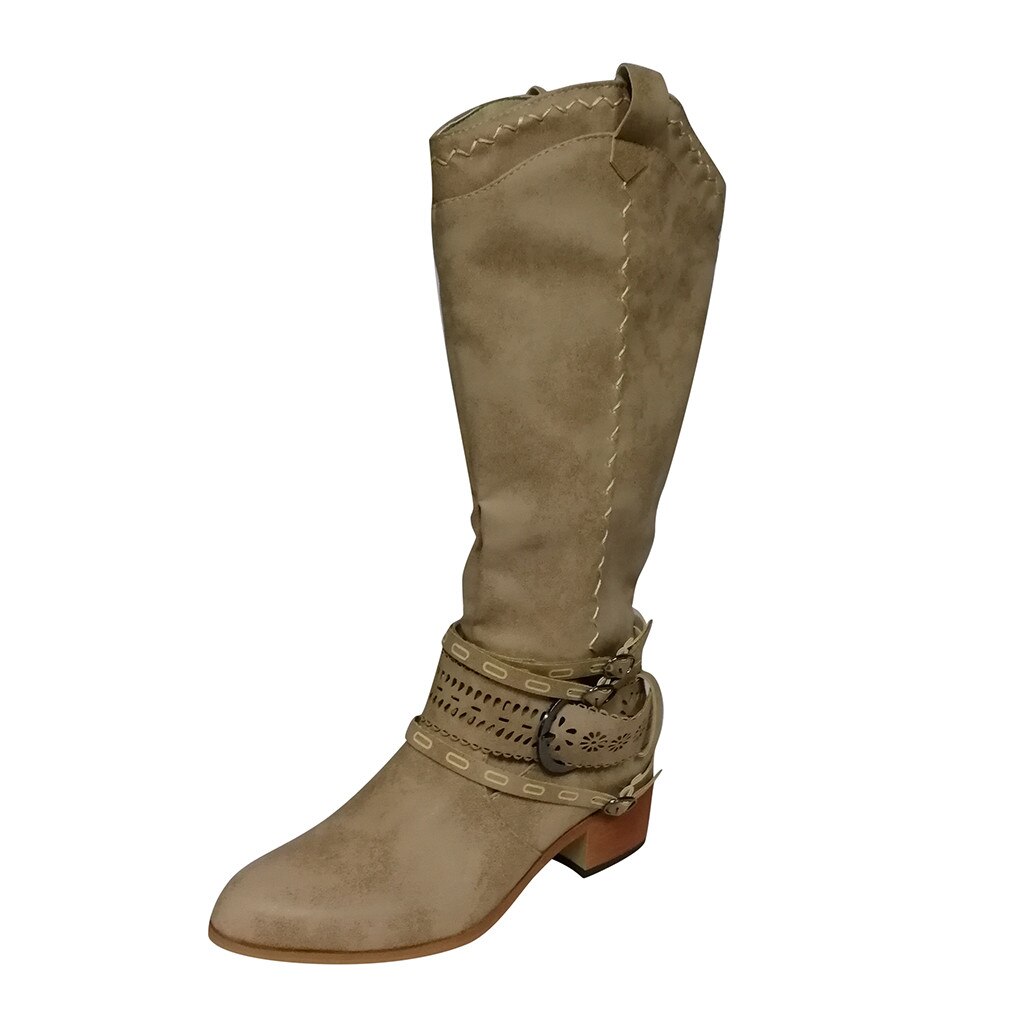 Vintage Women Western Boots Winter Pointed Toe Long Tube Knight Boot Female Knee-High High Heel Shoes Wide Calf Rome Botas: Khaki / 42