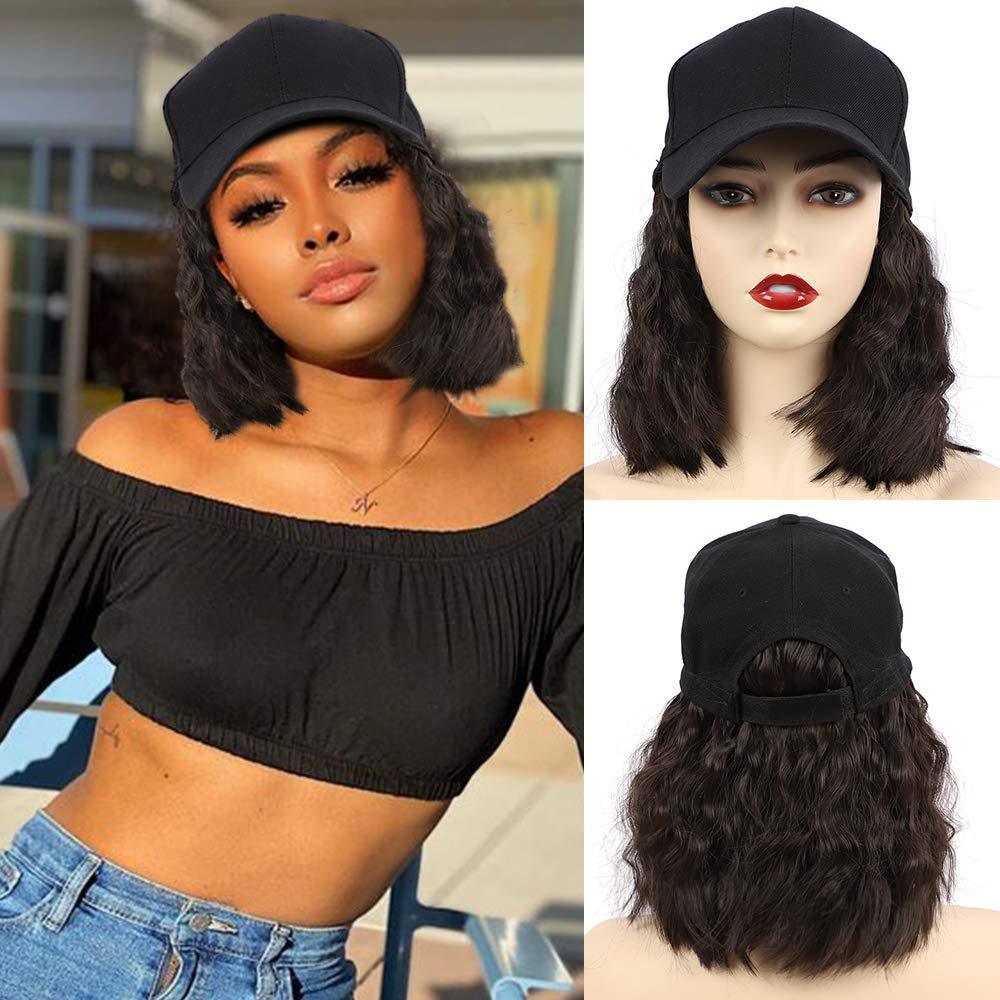 Pelucas de pelo ondulado rizado esponjoso sintético largo negro Difei con sombrero gorra de béisbol conectar naturalmente peluca de sombrero ajustable para mujeres: YELLOW