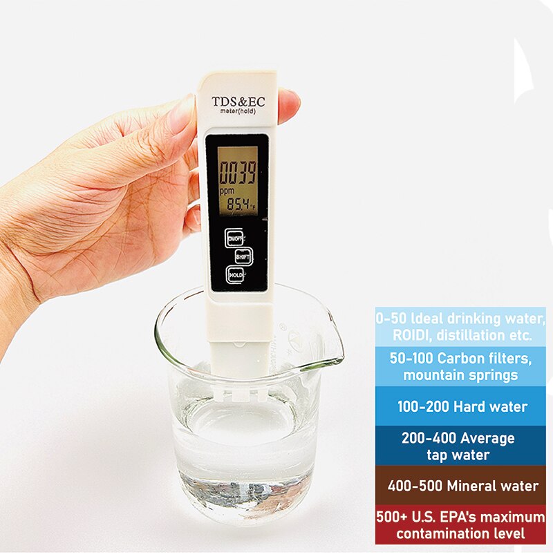 1Pc Wit Digitaal Water Tester Tds Ec Meter Bereik 0 Tot 9990 Multifunctionele Waterzuiverheid Temperatuur Temp Ppm Tester