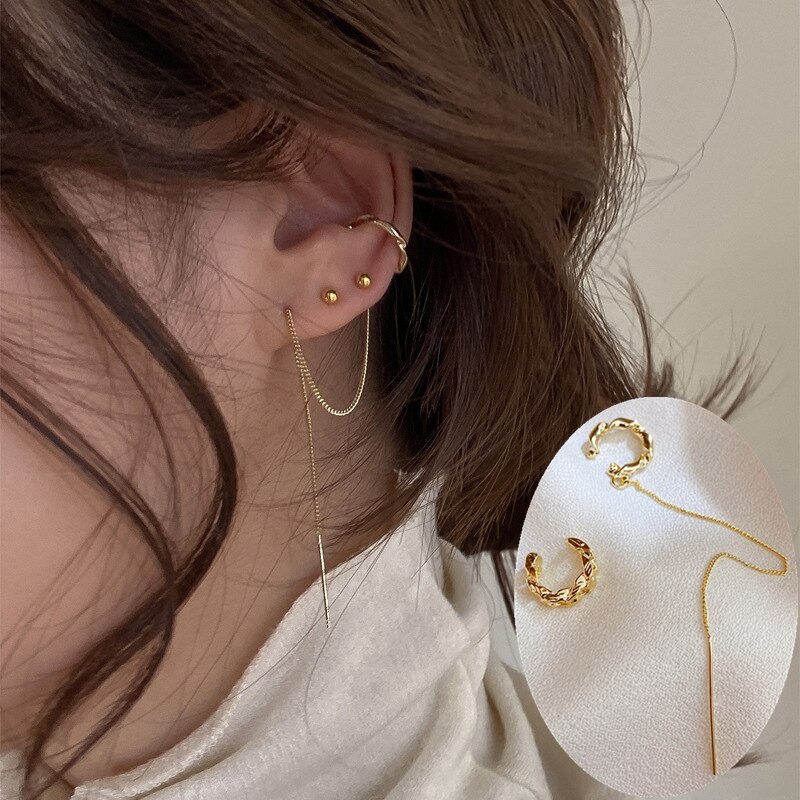 Huanzhi simpel guld metal asymmetri lang kvast ingen piercing øre manchet krystal krog klip øreringe til kvinder smykker: -en