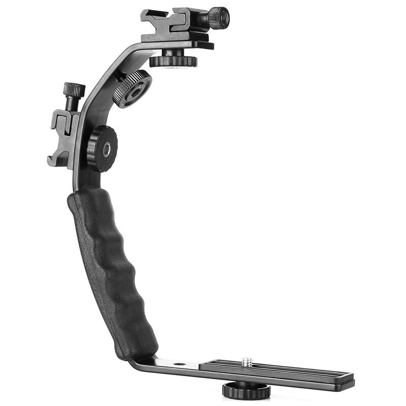 Camera l-beugelbevestiging videogrip l-beugel dubbele flitser cold shoe-bevestiging 1/4 inch statiefschroef, zware gevoerde handgreep dslr c: Default Title