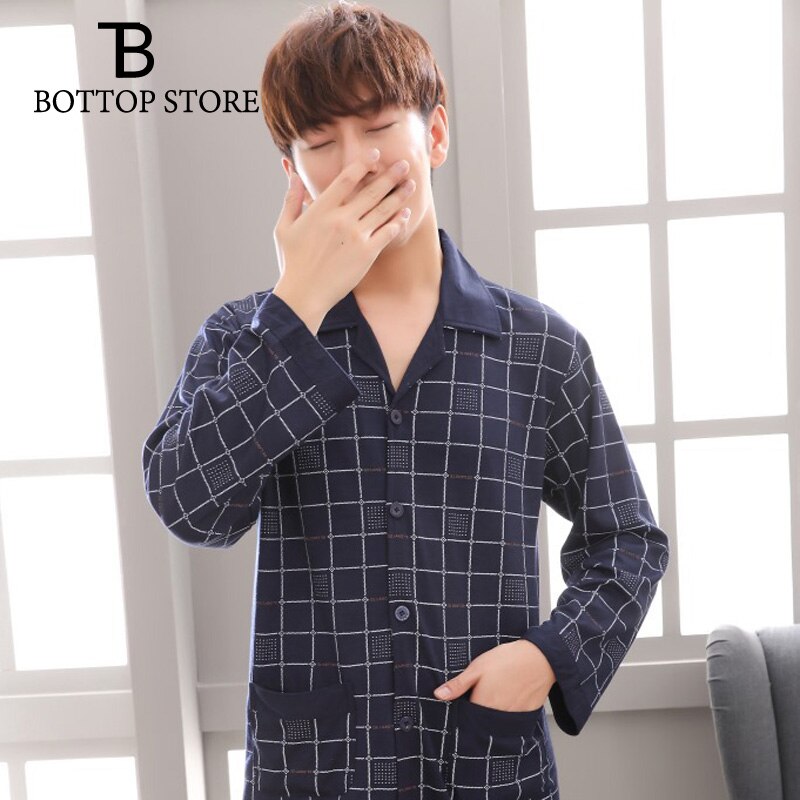 Conjuntos de pijamas juveniles de otoño e invierno, ropa de dormir informal de algodón de manga larga para hombre, ropa de salón para hombre, pijama para estar en casa a cuadros XXXL: XL