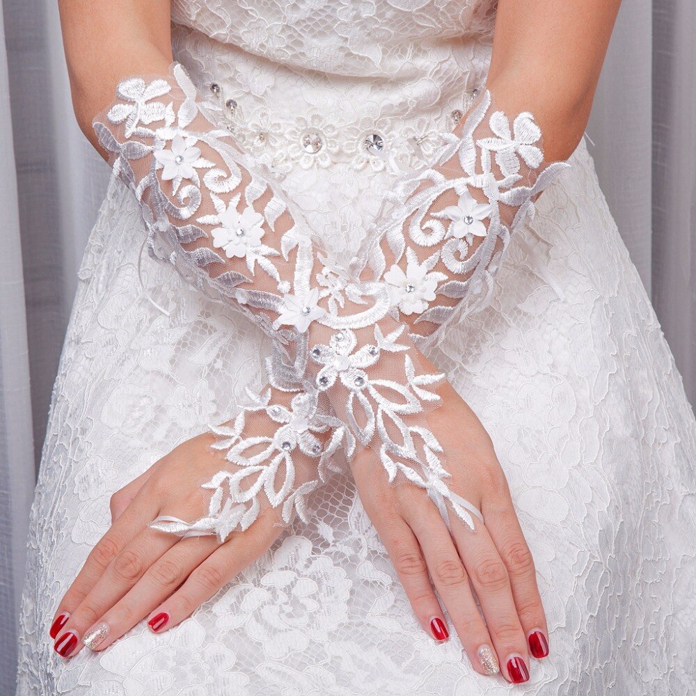 Long Lace Bridal Gloves Lady Formal Banquet Gloves for Bride Evening Party (White)