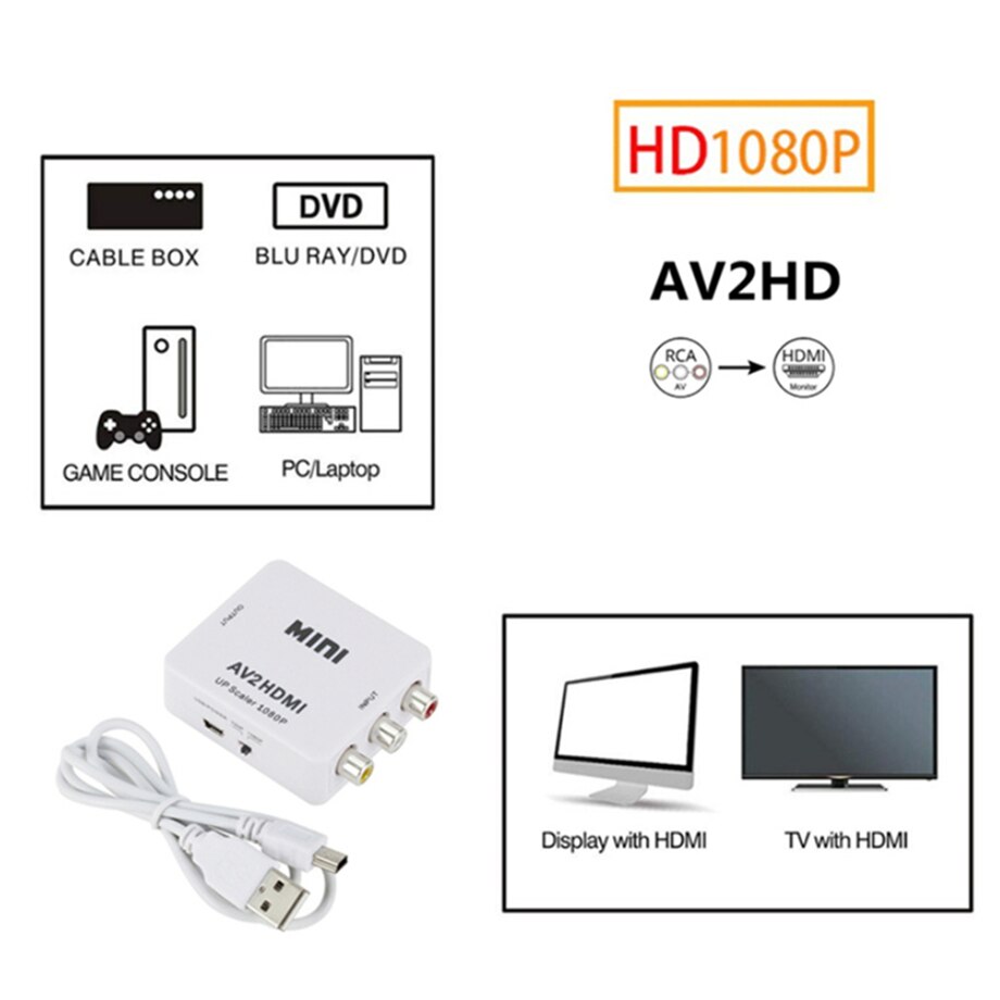 Adaptador HDMI de 1080P compatible con AV Scaler, convertidor compuesto de vídeo RCA a HDMI, caja convertidora CVSB L/R