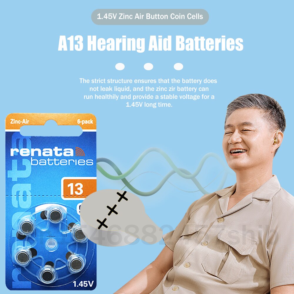 6pcs/1pack 100% Original Renata A13 13A 1.45V 305mAh Zinc Air Battery 13 P13 PR48 For Audiphone Hearing Aid A13 Button Coin Cell