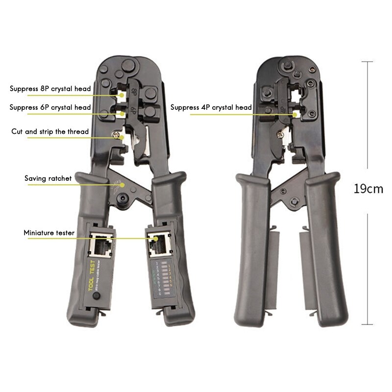 RJ45 Network Cable Crimper Cable Tester Ratchet Tool 8P 6P 4P Tester for RJ45/RJ12/RJ11 Tester Stripper