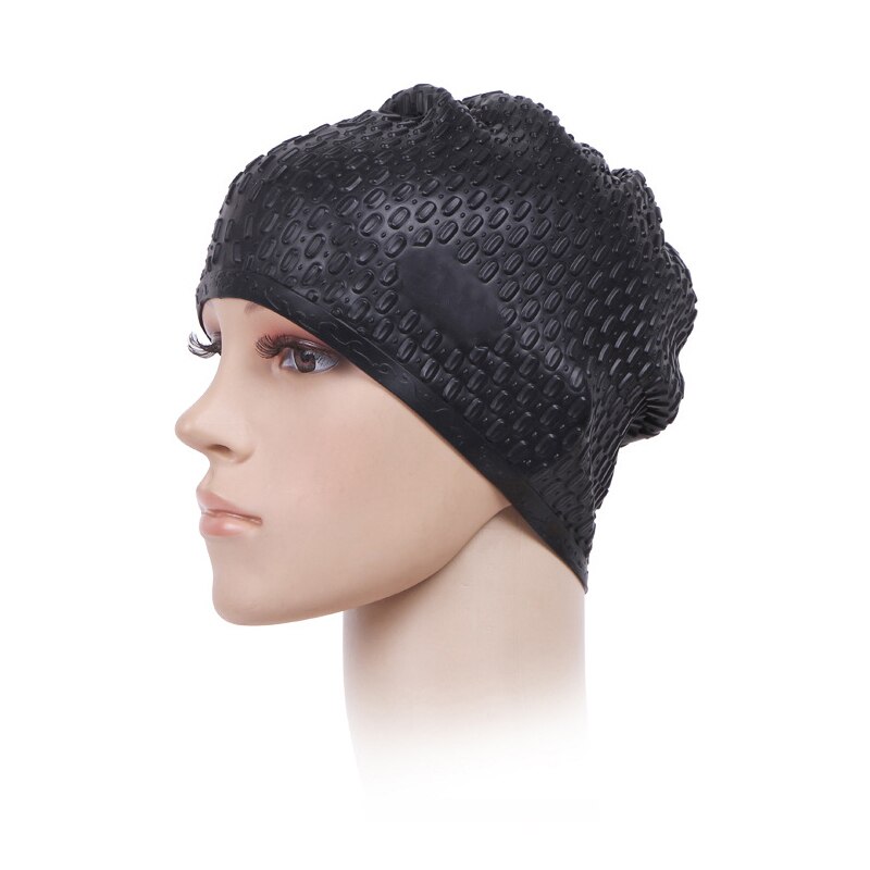 3D Elastic Silica Gel Swimming Cap Waterproof Ear Protection Adult Men Women Long Hair Swim Hat Cover Ear Bone Pool: Black