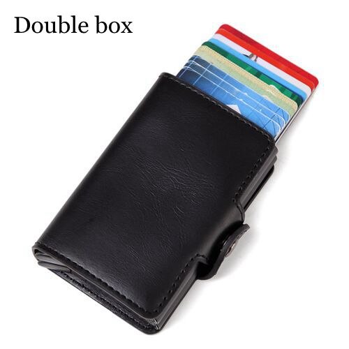 Women Rfid Wallet Metal Case Aluminum Double Box Leather Credit Card Holders for Men Slim Anti Protect Travel ID Cardholder: Double black