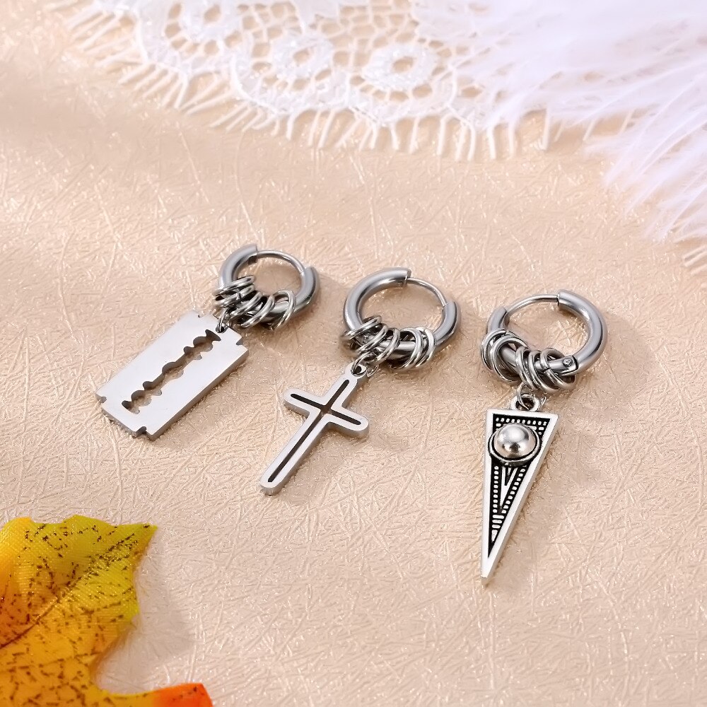 1Pcs European Cross Blade Triangle Small Hoop Earring Personality Ancient Metal Color Earrings For Women Men Jewelry E150