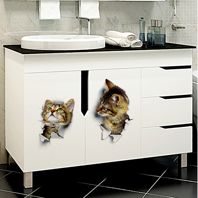3D Cute Cat Stickers Car Home Bedroom Toilet Kitten Broken Wall Decor Sticker Vinyl Decal Realistic Funny Anima Stickers