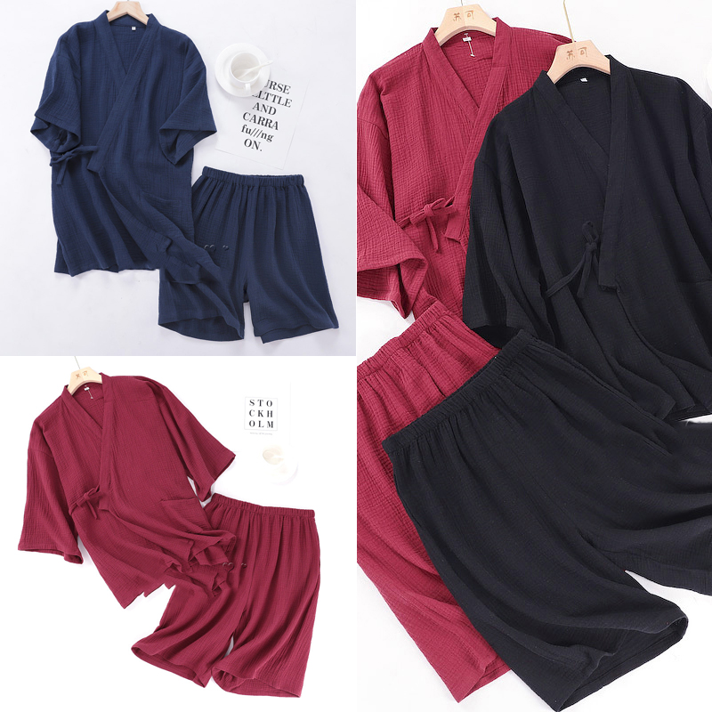 Pyjama Kimono traditionnel japonais pour homme, nouveaux ensembles de pyjama, Vintage, col en V, couleur unie, vêtements de maison, décontractés, amples, vêtements de nuit