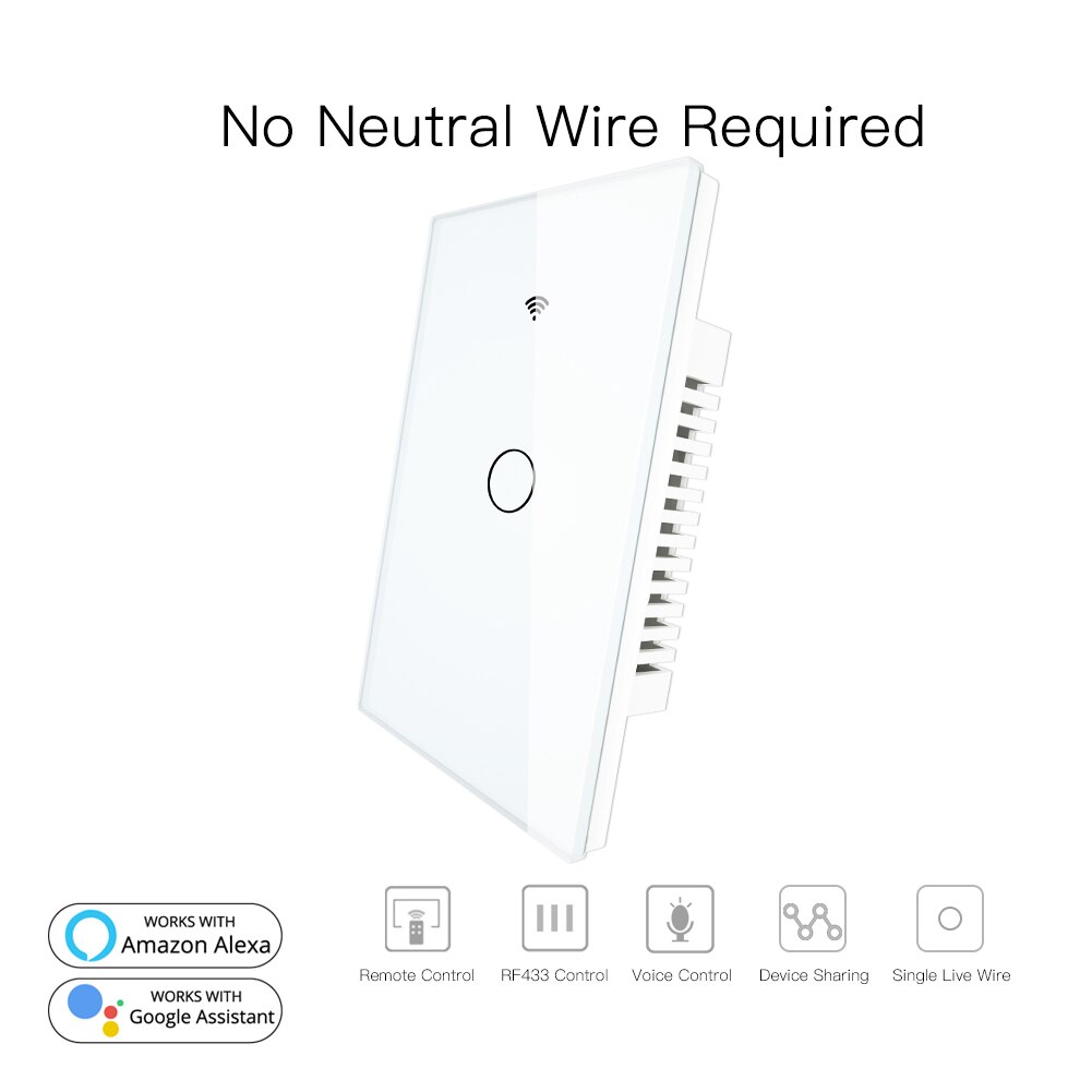 RF433 WiFi Smart Wall Touch Switch No Neutral Wire Needed Smart Single Wire Wall Switch Work with Alexa Google Home 170-250V: 1 Gang White