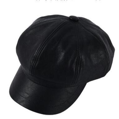 Siloqin efterår vinter pu læder newboy hat trend snapback kvinders ottekantede kasket fritid motion dame mærke hatte: Sort