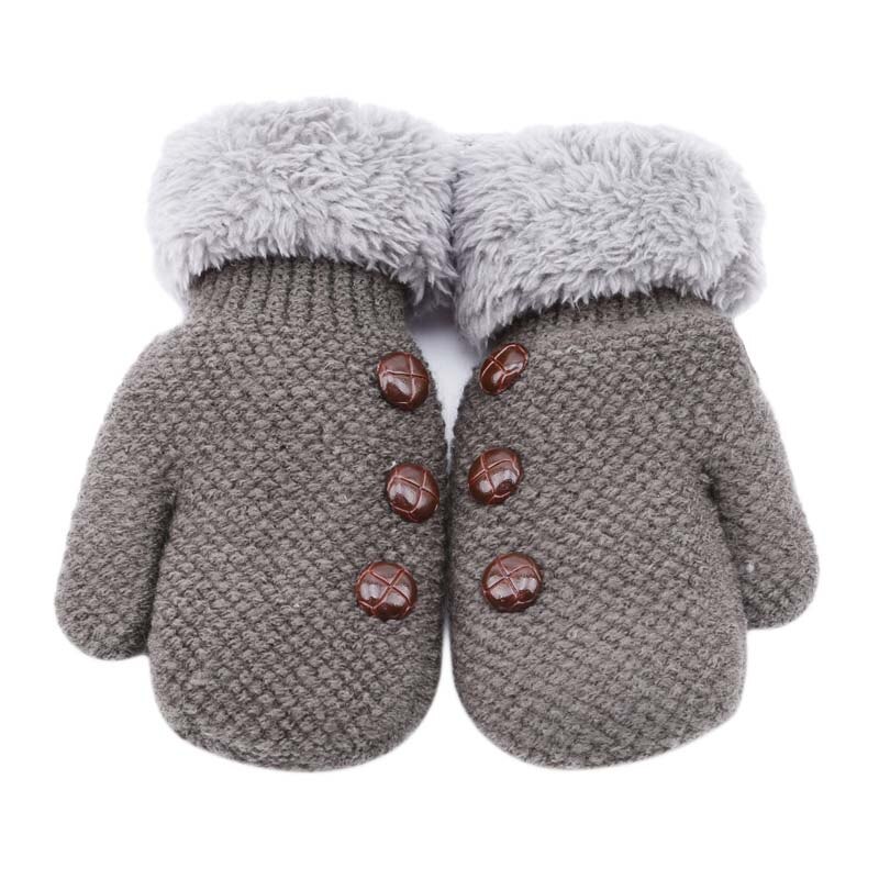 Xmas Winter Baby Boys Girls Gloves Full Finger Kids Mittens Warm Acrylic Rope Gloves Children Knitting Solid Button Mittens: gray