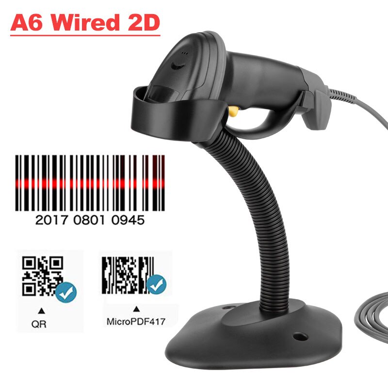 Scanner di codici a barre 2D Wireless Holyhah A66 con supporto e lettore di codici a barre QR 1D/2D cablato A6 PDF417 per terminale POS inventario: A6 Wired 2D A Stand