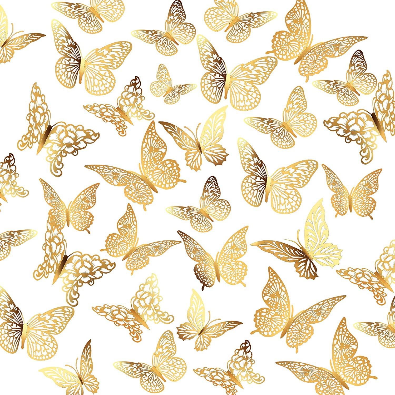 48 piezas de decoración de pared de mariposa 3D, 4 estilos, 3 tamaños, decoraciones de mariposas doradas para decoraciones de habitación de pastel de de cumpleaños de mariposa