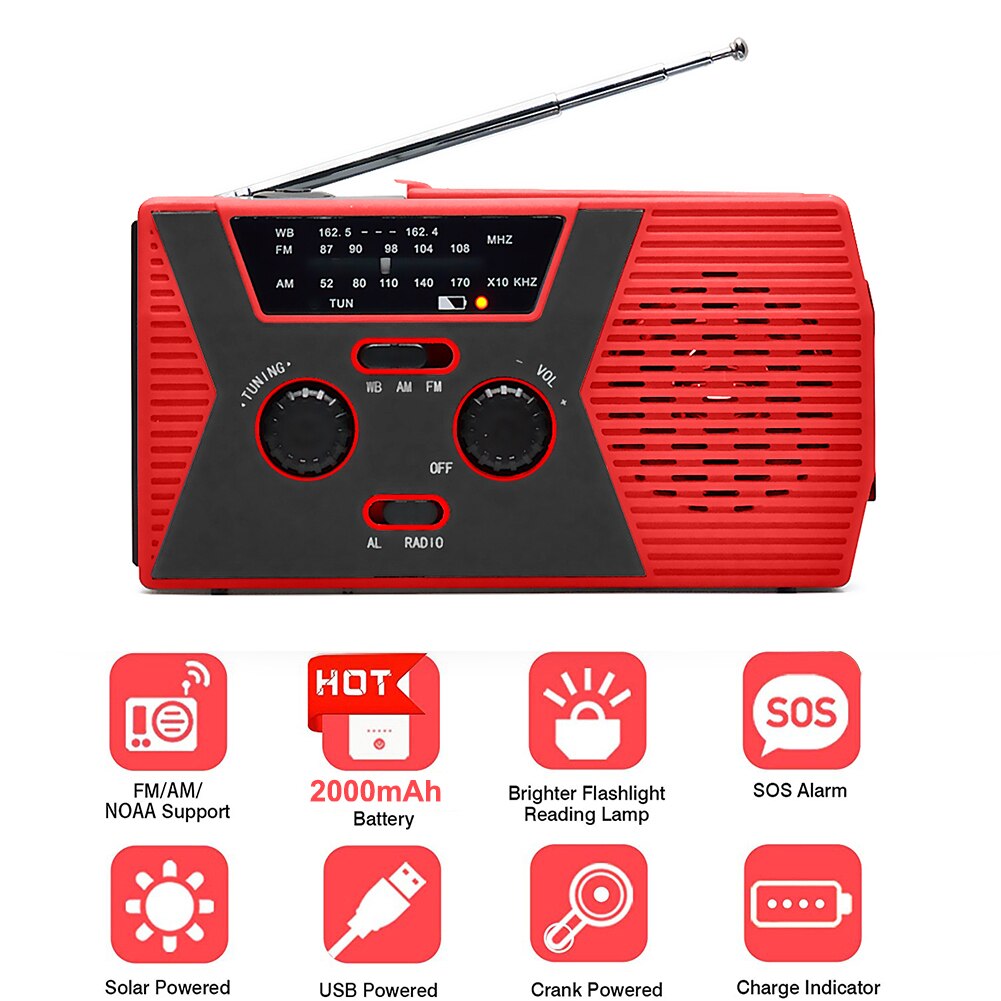 Manovella solare portatile Radio 2000mAh AM FM emergenza lampada da lettura multifunzionale torcia SOS allarme energia di ricarica solare: Red US