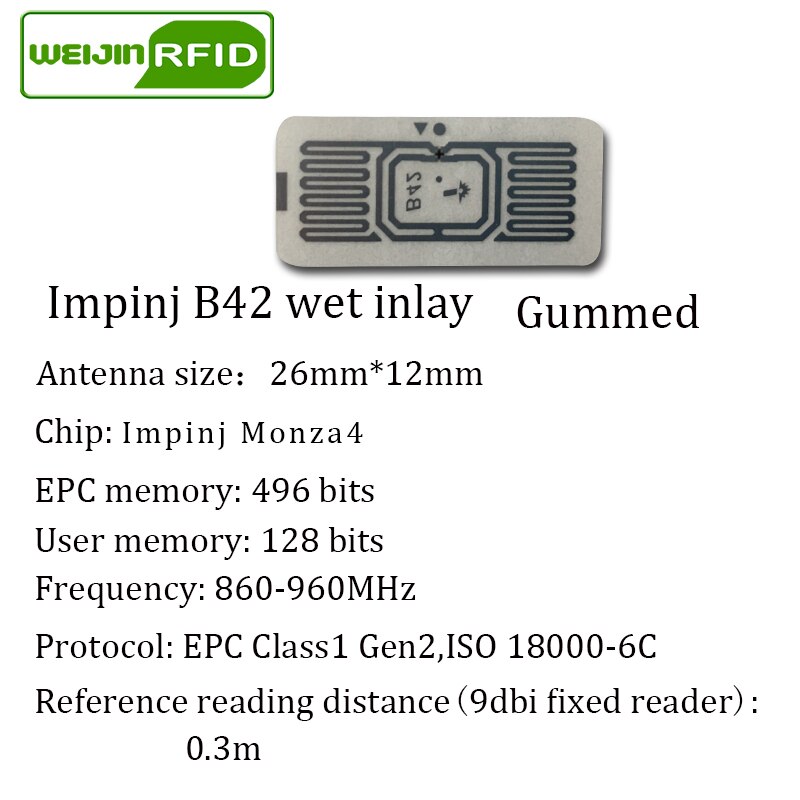Sticker rfid uhf tag passivo tag impinj alien wet inlay 900 915m 868 860-960mhz VIKITEK EPC c1G2 6c self-adesivo etichetta RF circuito integrato: 26x12mm wet B42