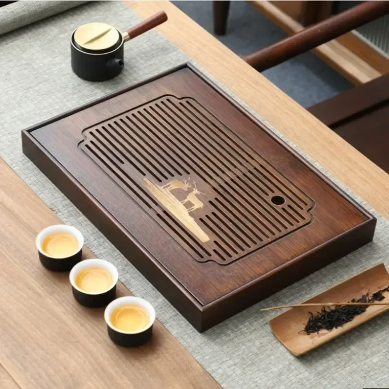 Style Natural Bamboo Tea Tray Rectangle Drainage Water Storage Trays Household Drawer Tea Board Chinese Tea Set Decor Accessorie