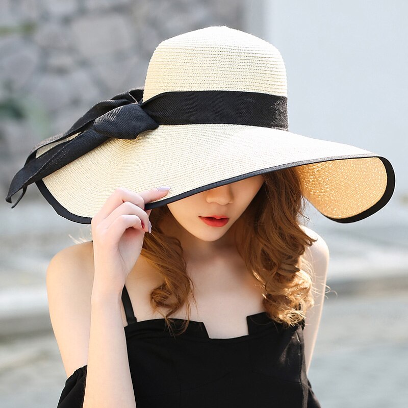 Sommer stor randen stråhat floppy bred randen solhue bue knude strand foldbare hatte hatte til kvinder: Beige