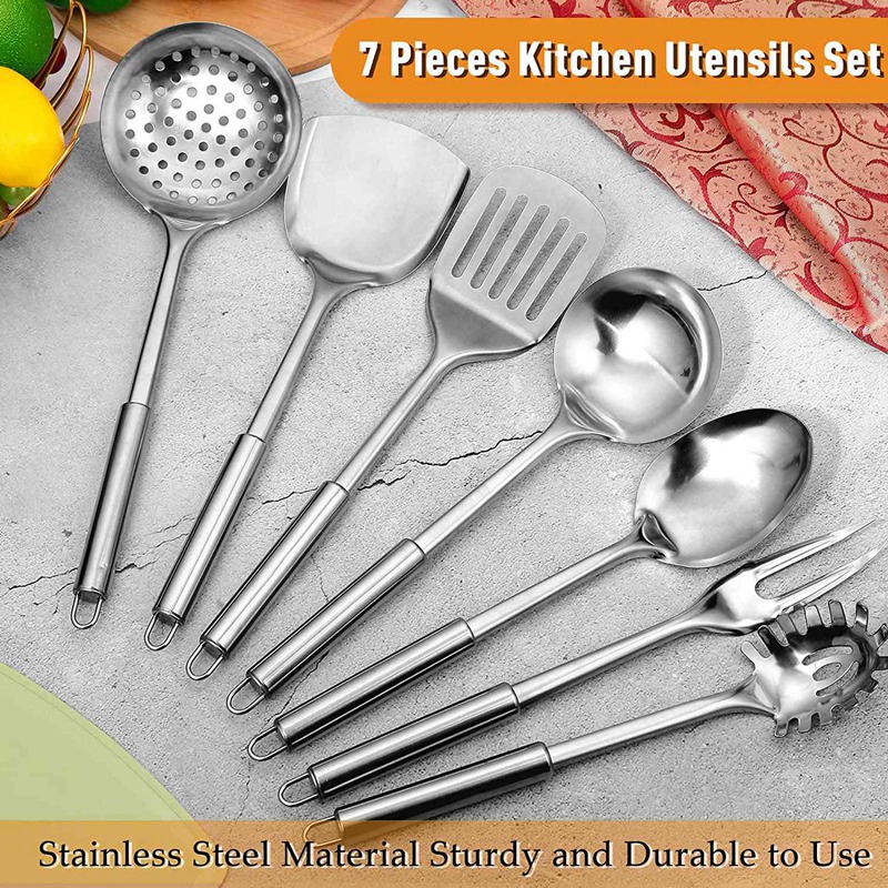 7 Pieces Stainless Steel Kitchen Utensils Set Cooking Utensils Set Includes Slotted Spoon Soup Ladle Serving Spoon Fork