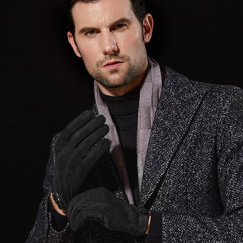Guantes para conducir de gamuza para hombre, invierno, mantener el calor, además de terciopelo, pantalla gruesa, guantes de invierno a prueba de viento, cuenco de punto, boca, dedo completo: DY08 black