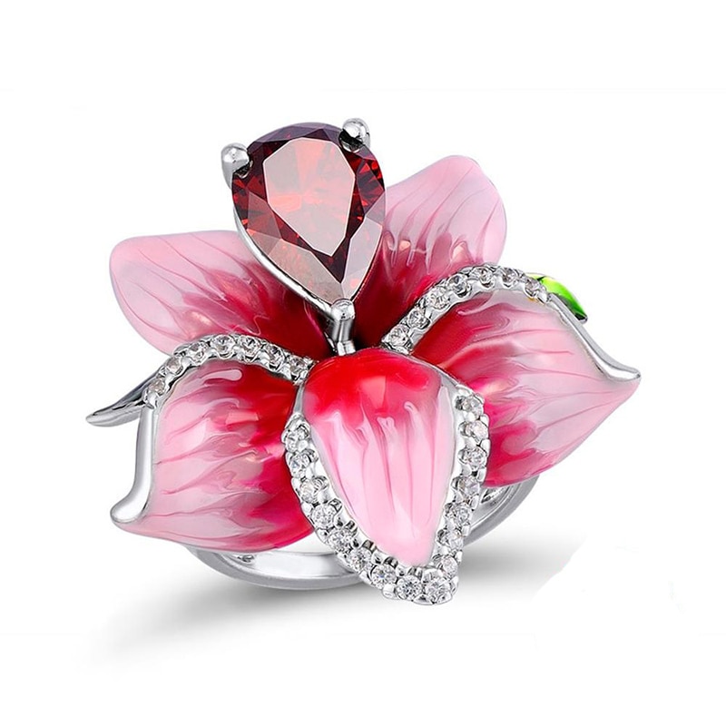 Pink Zircon Red Princess cut crystal Rose Flower Rings For Women Female Wedding Mood Promise Jewelry Accessories