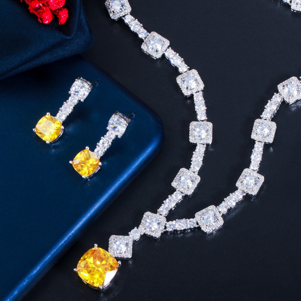 CWWZircons WunderschöNe Platz Tropfen Gelb kubisch Zirkon Partei Halskette Jewlery einstellen für Frauen Hochzeit Braut Kostüm Zubehör T504